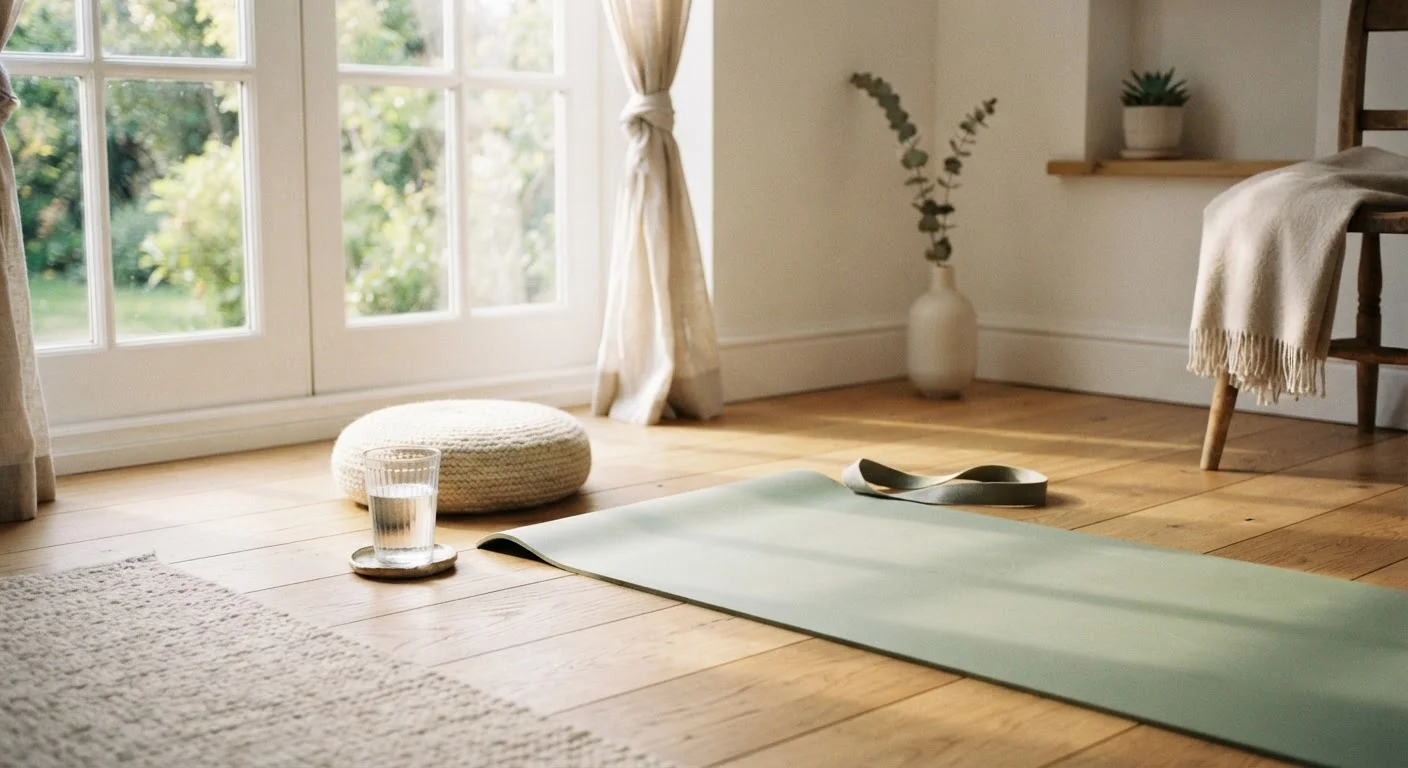A peaceful, sunlit room with a yoga mat, cushion, and glass of water ready for a breathwork session.