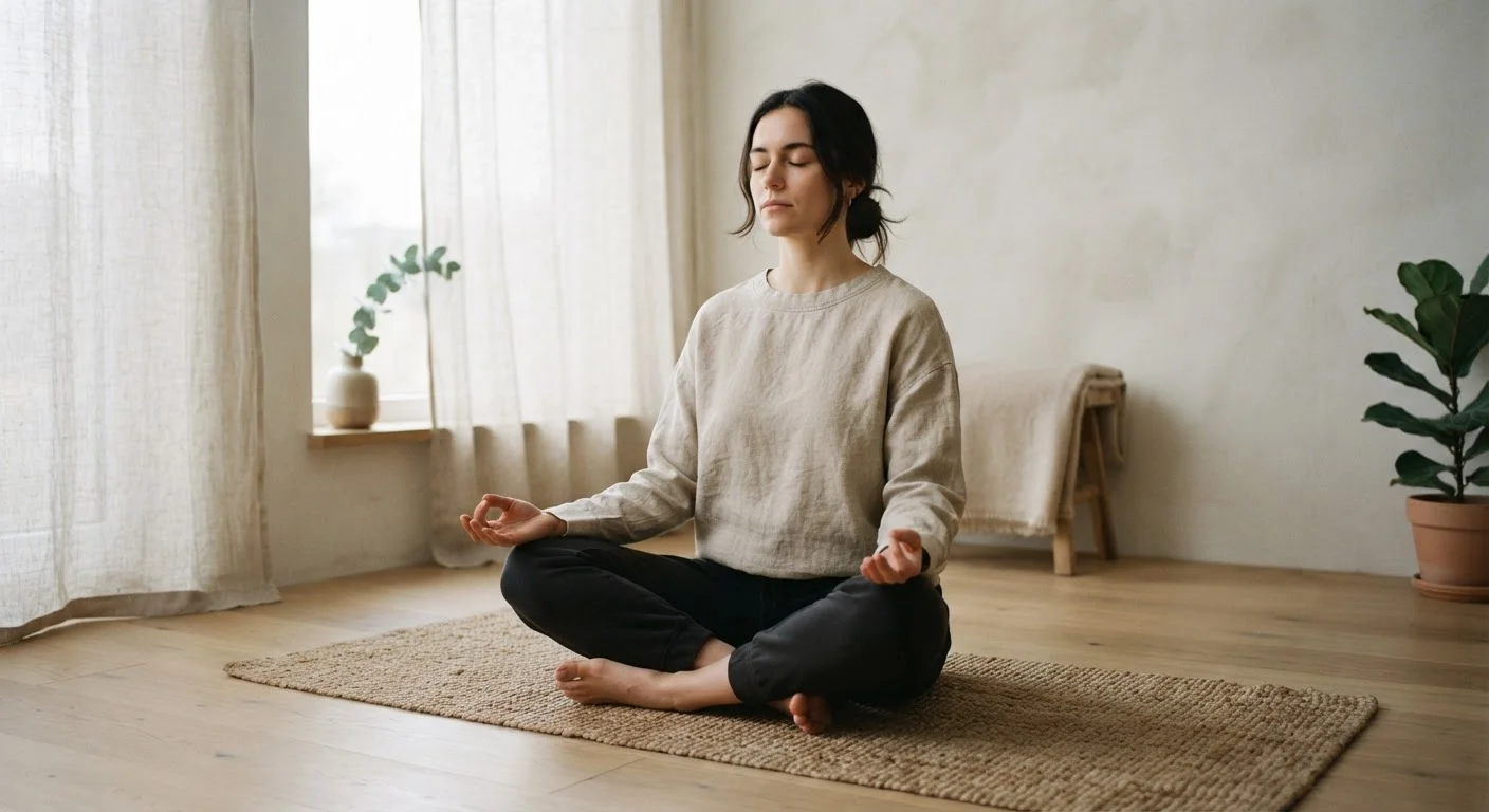 Person sitting cross-legged practicing conscious breathing in a calm, softly lit room